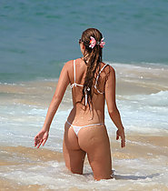 White wet transparent string bikini on sexy ass