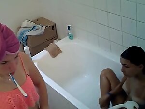 Bathtub masturbation interrupted by roommate