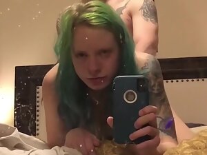 Green haired punk films herself while getting fucked