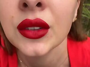 Handjob from girl with red lipstick
