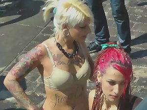 Punk girl's accidental nudity on beach