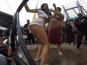 Party girl twerks and shows big tits on stage
