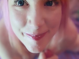Teen with pink hair gets full mouth of cum