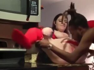 Black guy fucks big white girl in her kitchen