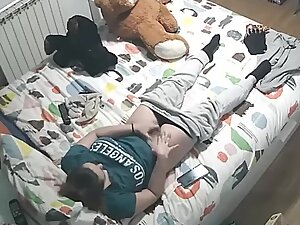 Spying on stepsister fingering her hairy pussy in her room