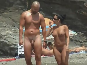 Big nudist guy got a hot short wife on the beach