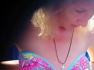 Milf's small tits and shaved pussy caught in beach cabin