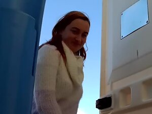 Phat pussy caught while peeing in portable toilet