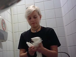 Unexpected hairy pussy caught in public toilet