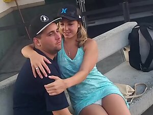 Upskirt while cute girl hugs her silly friend