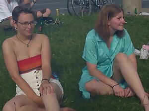 Upskirt of two geeky girls at the same time
