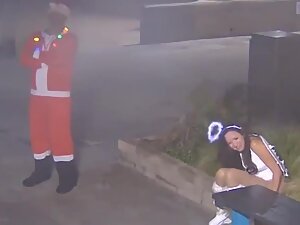 Santa waits for sexy girl to finish peeing on the street