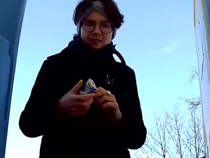 Surprisingly fuckable nerdy girl caught peeing in public toilet