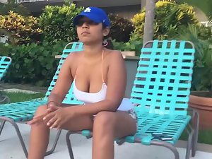 Hispanic girl with wonderful big boobs in swimming pool