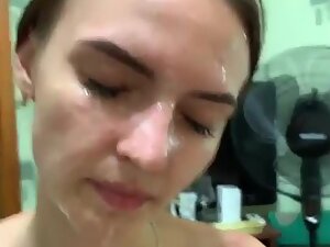 Too much cum on her face made her angry