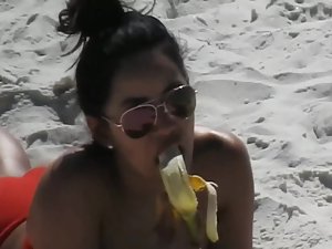 Latina looks erotic when she eats a banana