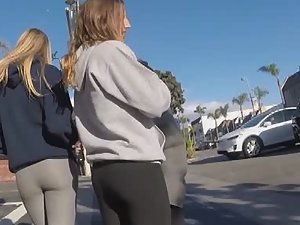Walking behind hot young ass in grey tights