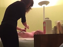 Handjob during wax hair removal